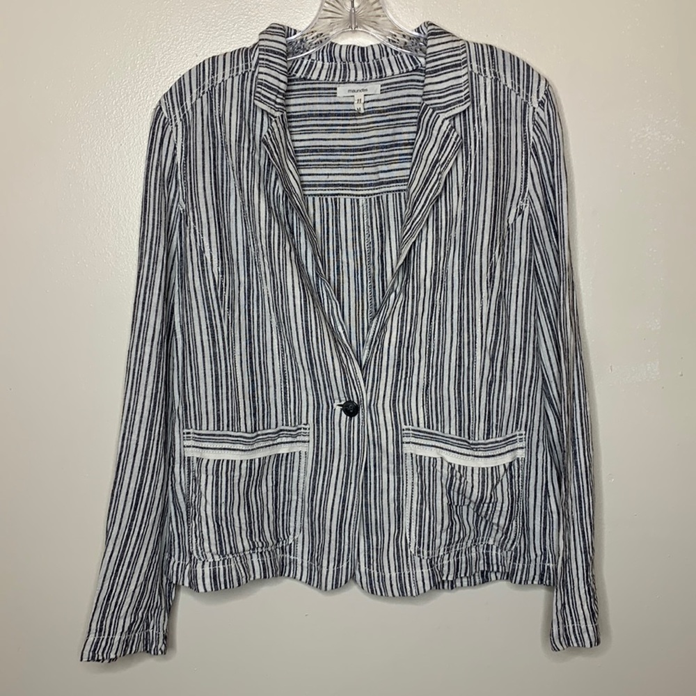MAURICES Blazer Gray & White Striped Coastal Grandma LINEN Blend Single Breasted
